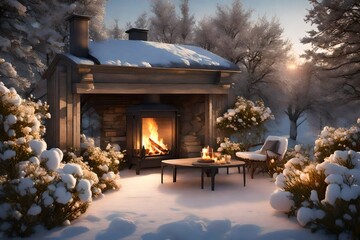 3d rendering Modern outdoor patio with a fire pit comfortable seating place