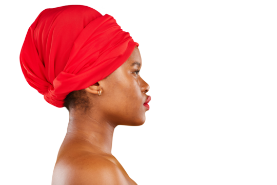 Beauty, profile and black woman with makeup and hair care, skincare and red aesthetic on isolated, transparent or png background. Head, scarf and model with hair, cosmetics and natural African style