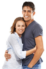 Happy, portrait and a couple with a hug for love, marriage and gratitude together. Smile, young and...