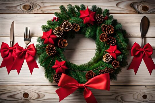 a beautifully crafted Christmas wreath made of evergreen branches, pinecones, and red bows, hung on a wooden door, set against a classic holiday background
