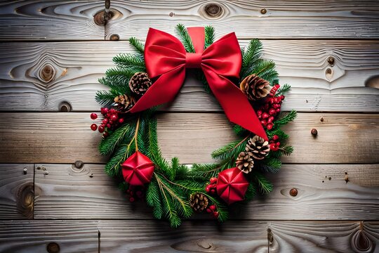 a beautifully crafted Christmas wreath made of evergreen branches, pinecones, and red bows, hung on a wooden door, set against a classic holiday background