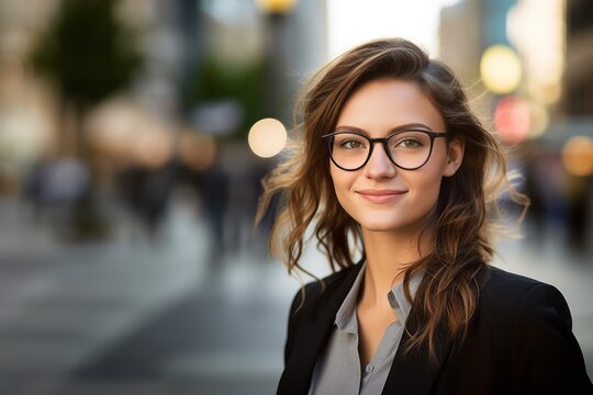 Portrait of beautiful young businesswoman outdoor over blurred street background