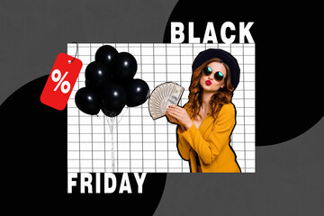 Artwork collage of funky stylish girl hold money banknotes balloons black friday limited time only proposition isolated on creative background