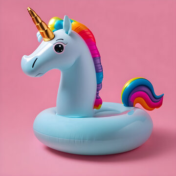 Inflatable unicorn pool toy on pastel pink background. Minimal summer concept.