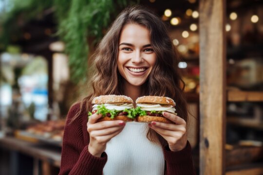 Smiling Woman Holding Two Delicious Fresh Burgers