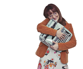 Love, journalist or happy woman with a retro typewriter isolated on a transparent png background. Smile, glasses and writer with hug for vintage technology for professional or creative work in Italy