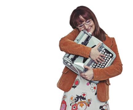 Love, journalist or happy woman with a retro typewriter isolated on a transparent png background. Smile, glasses and writer with hug for vintage technology for professional or creative work in Italy