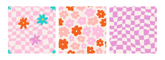Groovy seamless pattern set. 1970 daisy flowers, trippy grid geometric backgrounds. Set in pink colors. Psychedelic abstract vector Illustration. Seventies style flat design, hippie retro aesthetic. 