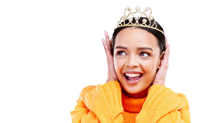 Princess, crown and achievement of woman with dress up and vintage tiara for an event. Smile, beauty and fashion with female person and excited from prom win isolated on a transparent, png background © Heyt/peopleimages.com