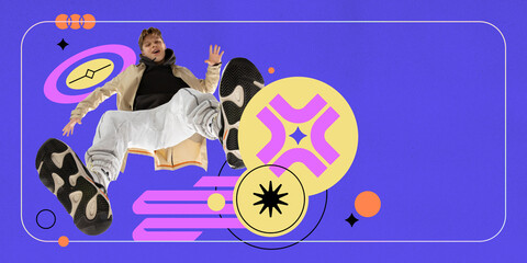 Bottom view o young guy in stylish casual clothes over blue background with abstract design elements. Contemporary art collage. Concept of y2k style, futurism, creativity, inspiration, youth. Poster