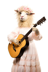 A sheep in a dress plays the guitar and sings on a white background.