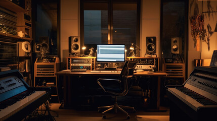 A modern recording studio with music production equipment, a sound mixing console, and a digital...