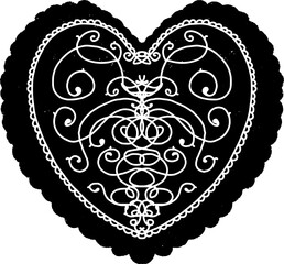 Heart with ornament, Valentine's card. Linocut, graphics, rustic. Shabby old texture. Vector black element for design