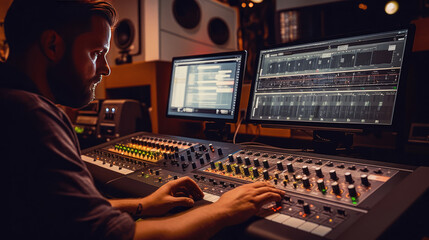 A modern recording studio with music production equipment, a sound mixing console, and a digital...