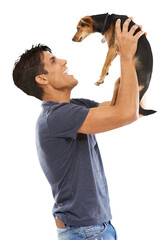 Man, dog and smile or laughing with isolated on a transparent png background, playing and happy....