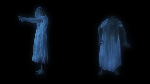 Full-size video, two female figures, poltergeist, ghost silhouettes, hologram in front and side view pulling hands and moving convulsively. Black background.