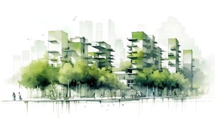 An illustrative concept showcasing a green, sustainable urban area. The image features eco friendly buildings and lush greenery.