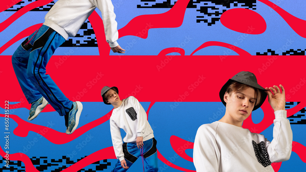 Wall mural Young guy in sport style casual clothes over colorful abstract background. Contemporary art collage. Concept of y2k style, futurism, creativity and inspiration, youth. Poster, ad