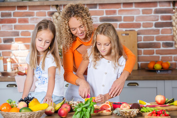 Mother and daughters cooking together in the kitchen. Healthy food concept. Portrait of happy family with fresh smoothies. Happy sisters.