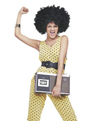 Portrait, retro or woman with radio or power shouting in cool outfit isolated on png transparent...