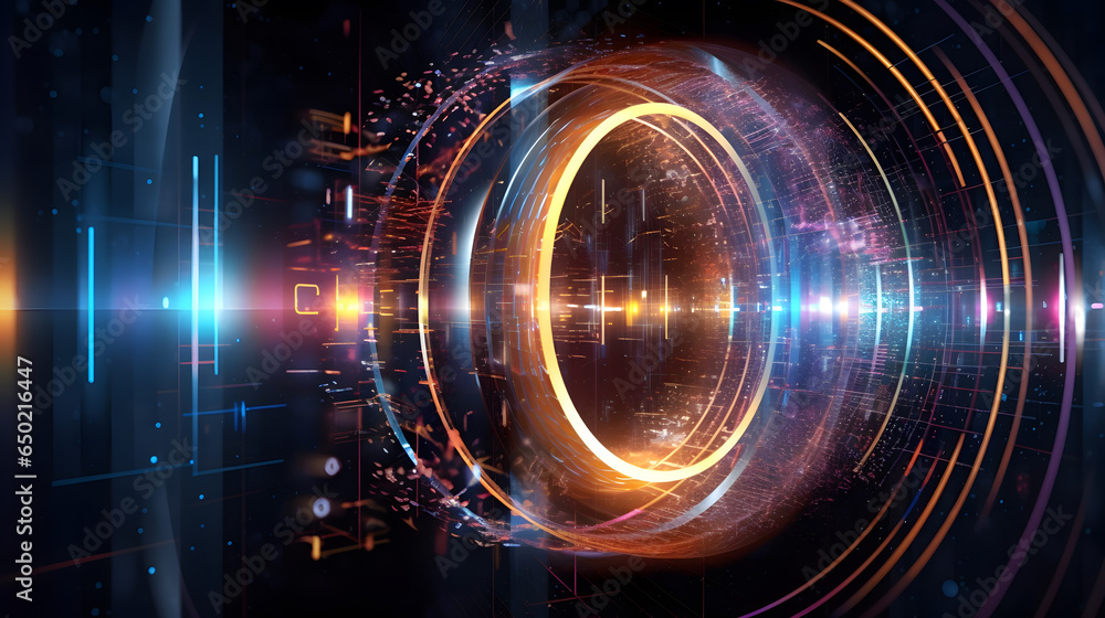 Poster electrical neon rings abstract background. quantum computing, cloud computing.