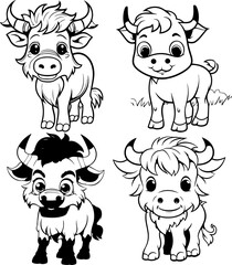 a cartoon, a cute (Buffalo) coloring page, black and white image