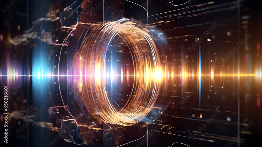 Poster electrical neon rings abstract background. quantum computing, cloud computing.