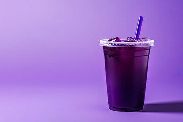 Purple drink in a plastic cup isolated on a purple background. Take away drinks concept with copy...