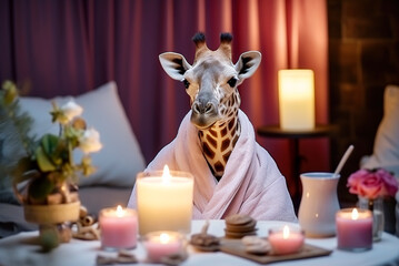 Giraffe in a bathrobe relaxes in the spa. - obrazy, fototapety, plakaty