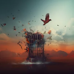 Fotobehang 3D rendering of a bird in a birdcage with birds flying © Wazir Design