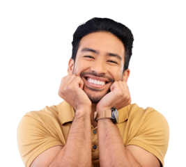 Portrait, surprise and man with excited, smile and happy emoji isolated on a transparent background. Face, asian person and touch or facial expression, in love or friendly with hands on chin with png