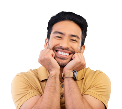 Portrait, surprise and man with excited, smile and happy emoji isolated on a transparent background. Face, asian person and touch or facial expression, in love or friendly with hands on chin with png
