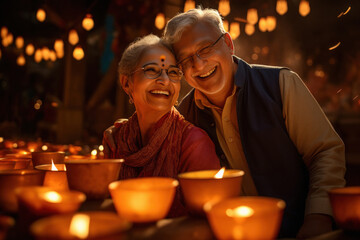 Indian senior couple celebrating diwali festival.