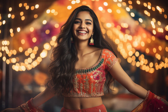 Indian woman giving happy expression and celebrating diwali festival.