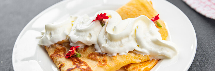 crepes whipped cream pancakes portion sweet delicious dessert appetizer meal food snack on the table copy space
