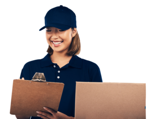 Happy woman, box and delivery with clipboard for signature or checklist isolated on a transparent PNG background. Female person smile or writing in supply chain, package inspection or courier service