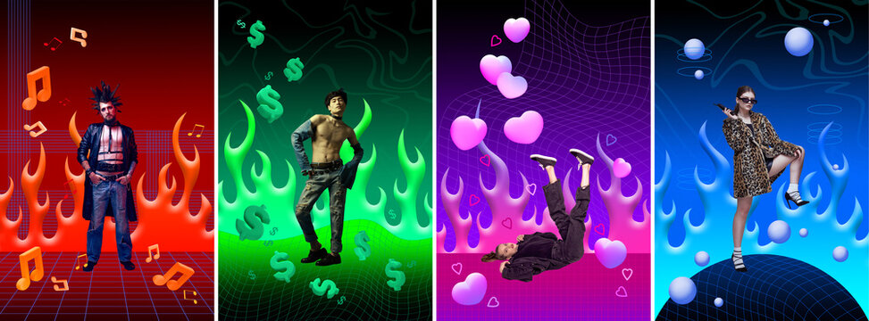 Set of young people wearing stylish extraordinary clothes over colorful abstract background. Contemporary art collage. Concept of y2k style, futurism, creativity and inspiration, youth. Poster, ad