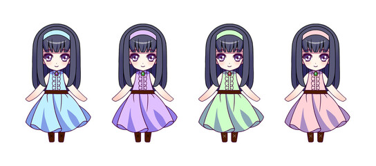 Anime style girls character illustration set