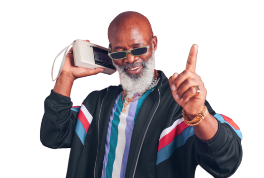 Senior man, cassette player or fashion with music, smile or sunglasses isolated on transparent background. African person, mature guy or pensioner with retro sound, stylish clothes or energy with png