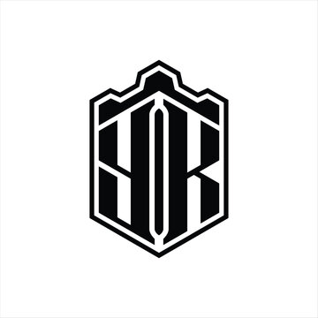 recommend clip art: YK Letter Logo monogram hexagon shield shape crown castle with outline style design