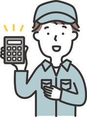 帽子をかぶった作業服の男性が電卓を持っているイラスト
