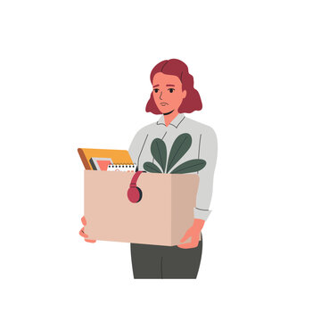 Woman Holding Box With Personal Belongings . Fired Employee, Layoff Or Dismissal Worker. Vector Cartoon Flat Style Illustration