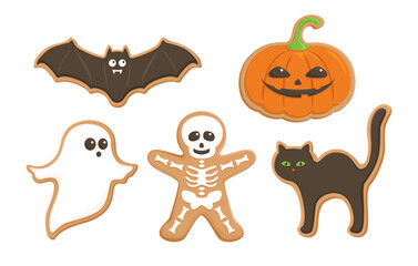 Halloween Gingerbread cookie set. Scary smiling pumpkin, bat, cat, ghost and skeleton. Halloween pastries. Vector cartoon flat illustration.