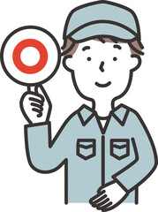 帽子をかぶった作業服の男性がマルの札を出しているイラスト