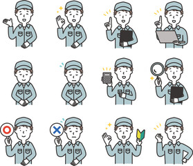 帽子をかぶった作業服の男性のシンプルなイラストセット　上半身アイコン　ポーズのバリエーション