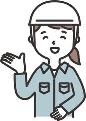 ヘルメットをかぶった作業服の女性がこちらと案内するイラスト