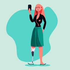 woman with replaced robotic leg with titanium implant or prosthesis body parts restoring normal functioning people with disabilities