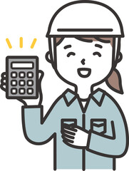 ヘルメットをかぶった作業服の女性が電卓を持っているイラスト