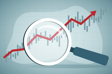 Using magnifying glass to look at rising stock market data