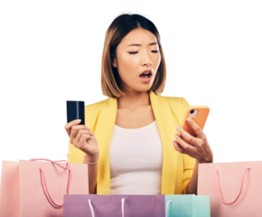Shocked woman, credit card and phone with shopping bag for e commerce error or fintech mistake. Confused online user for banking debt, payment and loan stress isolated on transparent png background